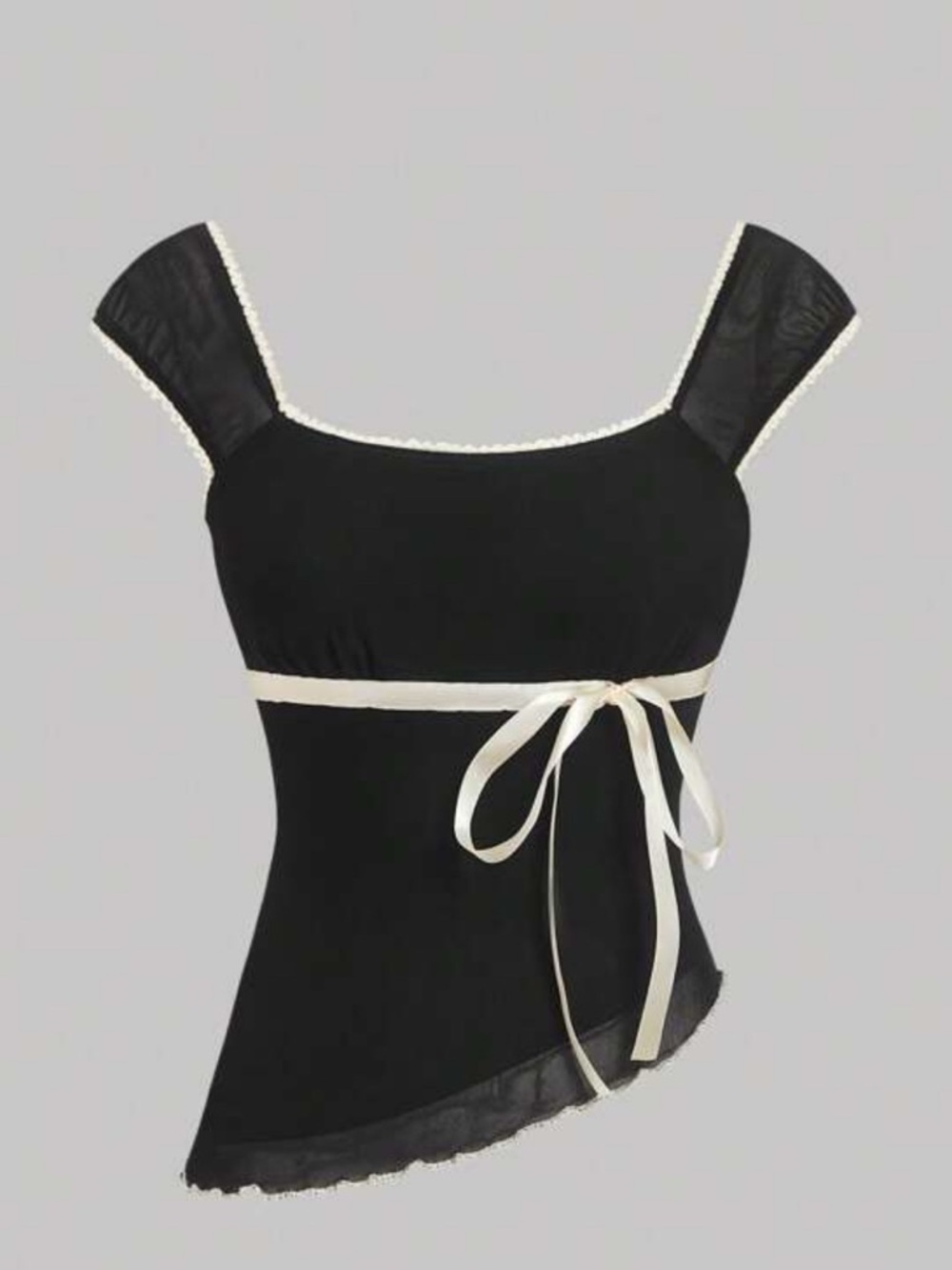 Black Empire Waist Tank with Ivory Ribbon